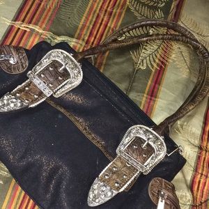 Brown glitter buckle hand bag purse